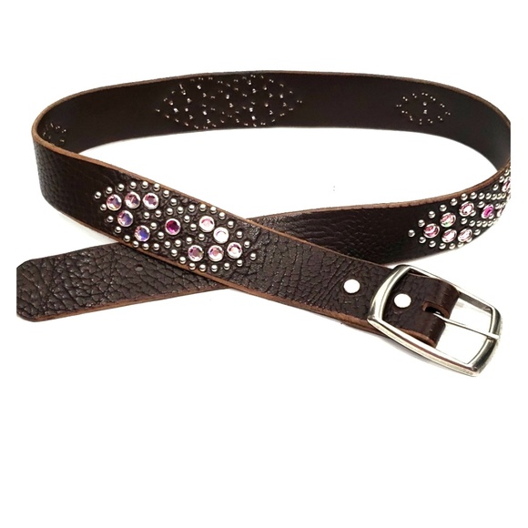 Brown Leather Studded Belt with Pink Stones L - Picture 2 of 4